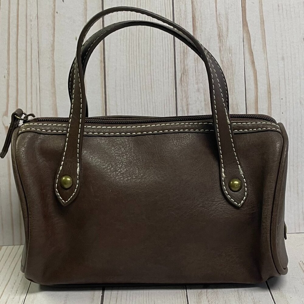 Nine West Dark Brown White Stitch Faux Leather Mini Satchel Purse Handles EUC